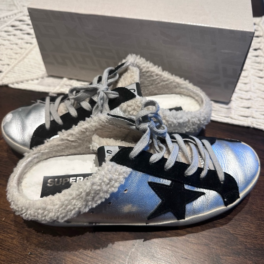 GOLDEN GOOSE SABOT SNEAKERS 39 US 8.5 Super Star, silver shearling lined slip on